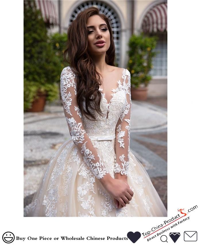 2018 Full Sleeve Sheer Lace Bridal Wedding Dress Ball Gowns